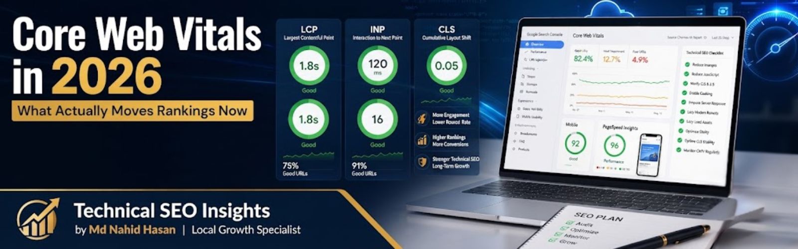 Core Web Vitals dashboard showing LCP, INP, CLS, website performance metrics and Technical SEO optimization for better user experience