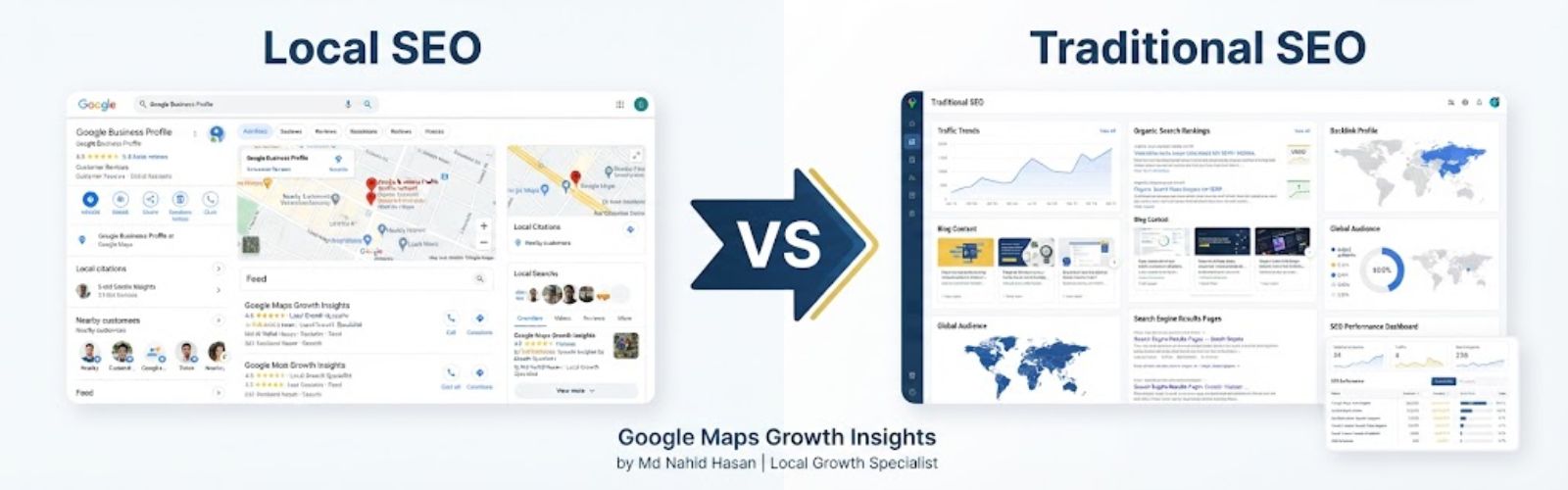 Local SEO vs Traditional SEO comparison showing Google Business Profile, Google Maps SEO, organic search optimization and website ranking strategies